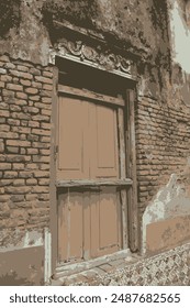 Old broken building door and window digital painting