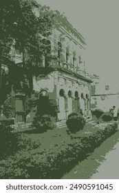 Old broken building perspective view illustration