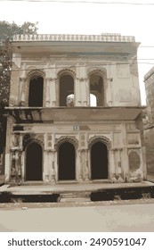 Old broken building perspective view illustration