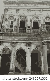 Old broken building perspective view illustration