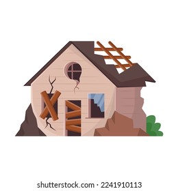 Old broken building. Vector illustration of house after war, apocalypse or earthquake. Cartoon abandoned dirty property in poor condition isolated white. Poverty concept