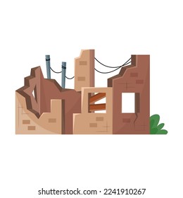 Old broken building. Vector illustration of destroyed house after earthquake. Cartoon abandoned dirty property in poor condition isolated white. Poverty concept