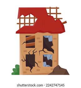 Old broken building. Vector illustration of destroyed house after war, apocalypse or earthquake. Cartoon abandoned dirty property in poor condition isolated white. Poverty concept