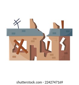 Old broken building. Vector illustration of destroyed house after apocalypse or earthquake. Cartoon abandoned dirty property in poor condition isolated white. Poverty concept