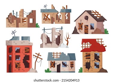 Old broken buildings set. Vector illustrations of destroyed houses after war, apocalypse or earthquake. Cartoon abandoned dirty property in poor condition isolated white. Ghetto, poverty concept