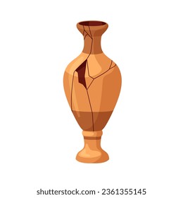 Old broken clay vase. Ancient antique cracked ceramics with clefts, fissures, breaches, crevices. Damaged smashed destroyed historic pottery. Flat vector illustration isolated on white background