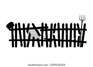 Old broken damaged fence icon. Black silhouette. Horizontal front view. Vector simple flat graphic illustration. Isolated object on a white background. Isolate.