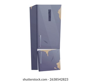 Old broken fridge with stains, scratches. Vector cartoon isolated illustration of worn out refrigerator with detached door and signs of heavy use, perfect for repair ads, horror scenes, or game.