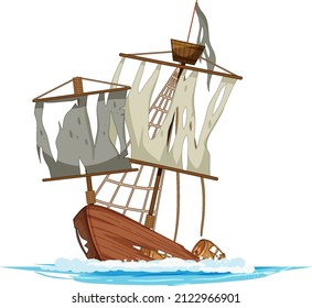 Old broken junk ship on white background illustration