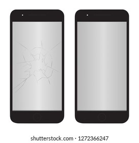Old broken phone with cracks and scratches phone and new renovated clear phone.