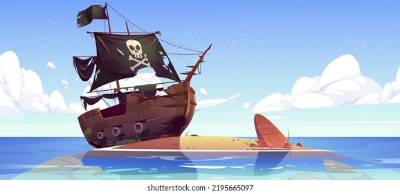 Old broken pirate ship after shipwreck on sea beach. Vector cartoon illustration of ocean landscape with abandoned sunken wooden boat with black flag and sails with skull
