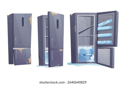 Old Broken Refrigerator Cartoon isolated Vector Set. Dirty Metallic Fridge with Scratches, Rust, Ice Buildup, and Damaged Shelves in Open, Half-Open, and Closed Views