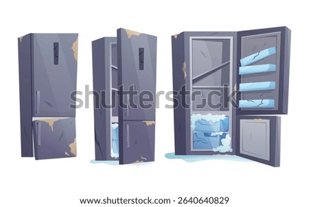 Old Broken Refrigerator Cartoon isolated Vector Set. Dirty Metallic Fridge with Scratches, Rust, Ice Buildup, and Damaged Shelves in Open, Half-Open, and Closed Views