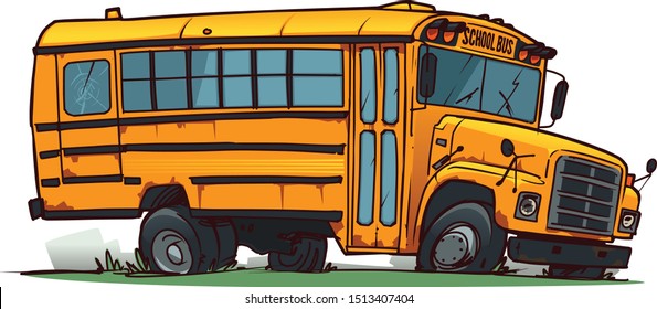 Old Broken School Bus. Cartoon Illustration