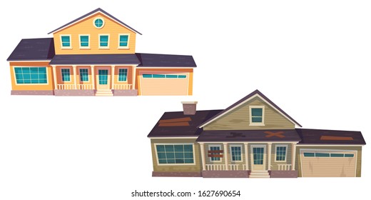 Old broken slum house and new cottage. Abandoned dilapidated building with boarded up windows and modern suburban home with garage. Vector cartoon wooden houses isolated on white background