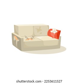 Old broken sofa with torn pillow vector illustration. Dirty white couch with holes and stains for living room isolated on white background. Furniture, interior design concept