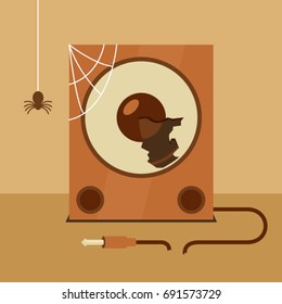 Old broken speaker. Repair of audio equipment. Dusty dirty audio system. Disposal of machinery. 
