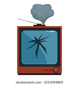 Old broken tv set with cracked screen and smoke, isolated vector illustration