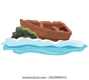 Old broken wooden boat on white background illustration