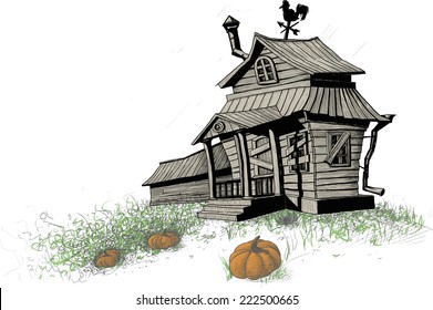 old broken-down, scary halloween house with an overgrown vegetable garden and pumpkins