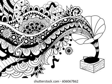 Old bronze Phonograph doodle design for coloring book pageand design element – Stock Illustration