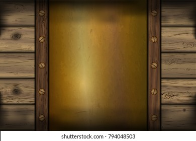 Old bronze plate on a wooden background.