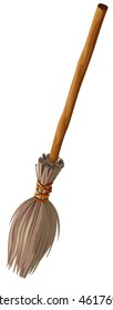Old broom with long handle. Isolated on white vector cartoon illustration