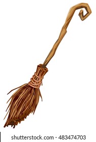 Old broom with long handle. Isolated on white vector illustration