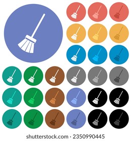 Old broom multi colored flat icons on round backgrounds. Included white, light and dark icon variations for hover and active status effects, and bonus shades.