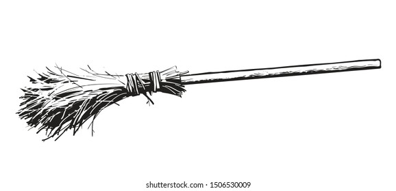 Old broomstick. Halloween which magic broom. Hand drawn sketch style vector illustration isolated on white background.