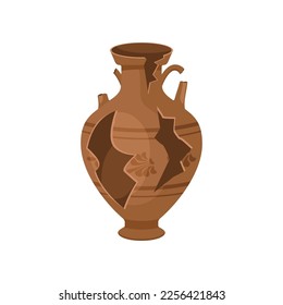 Old brown broken cracked vase illustration. Cartoon drawing of antique ceramic or clay jug or pot isolated on white background. Pottery, damage, history, archeology concept