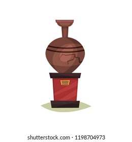 Old brown ceramic vase with crack on red stand. Ancient amphora. Exhibit of historical museum. Flat vector icon