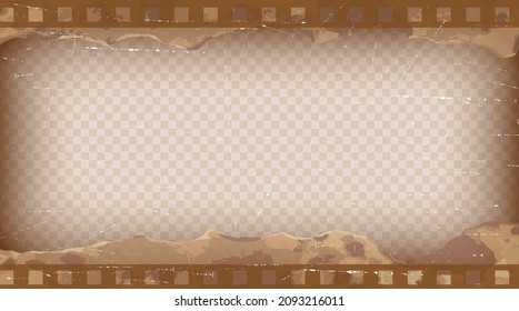 Old brown cinematic frame on a transparent background. Scratched vintage video or photo tape. 3d realistic screen in retro style with grunge pattern. Antique slide template. Vector card illustration.