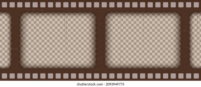 Old brown cinematic frame on a transparent background. Scratched vintage video or photo tape. 3d realistic screen in retro style with grunge pattern. Antique slide template. Vector card illustration.
