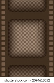 Old brown cinematic frame on a transparent background. Scratched vintage video or photo tape. 3d realistic screen in retro style with grunge pattern. Antique slide template. Vector card illustration.