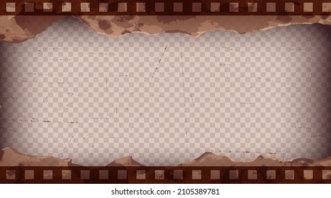 Old brown cinematic frame on a transparent background. Scratched vintage video or photo tape. 3d realistic screen in retro style with grunge pattern. Antique slide template. Vector card illustration.
