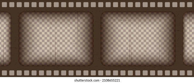 Old brown cinematic frame on a transparent background. Scratched vintage video or photo tape. 3d realistic screen in retro style with grunge pattern. Antique slide template. Vector card illustration.