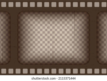 Old brown cinematic frame on a transparent background. Scratched vintage video or photo tape. 3d realistic screen in retro style with grunge pattern. Antique slide template. Vector card illustration.