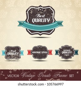 Old brown color retro vintage grunge labels background with ribbon and text Quality. EPS 10. Can be use as banner, label, tag or sticker.