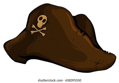 Old brown hat on a white background with emblem skull and bones