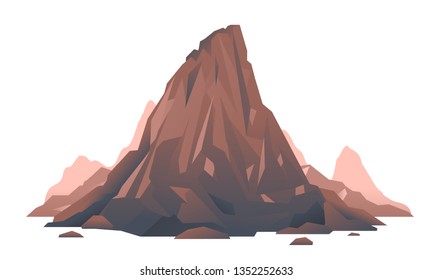 Antigua montaña aislada ilustración, volcán extinguido, piedra roca con escombros y piedras