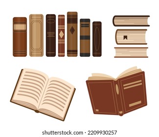 Old brown open and closed books for Education and science concept. Library elements isolated on white background. Vector illustration.