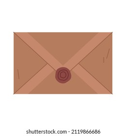 Old brown parchment paper envelope with a red wax seal with an embossed seal. Image of a postal letter in a retro or antique style