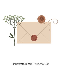 Old brown parchment paper envelope with a red wax seal with an embossed seal. Image of a postal letter in a retro or antique style