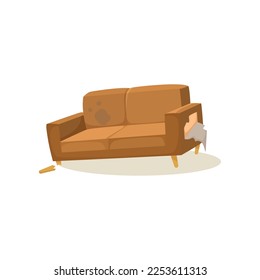 Un sofá marrón antiguo con ilustración vectorial de pierna rota. Sofá de piedra con agujeros y manchas para la sala de estar aislada en fondo blanco. Mobiliario, concepto de diseño interior