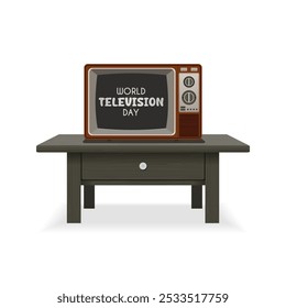 An old brown television set on a table and the phrase World Television Day on the television screen