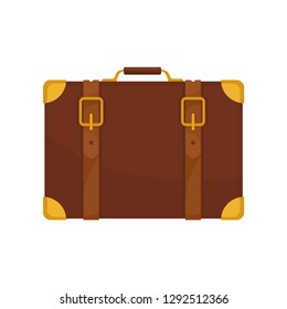 Old brown traveler suitcase. Vintage leather bag with small handle, belts and golden corners. Flat vector design