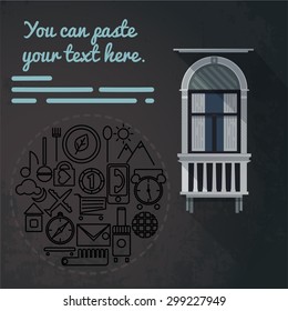 Old brown wall with a gray window and collection line icons