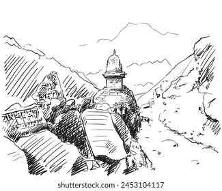 Old buddhist stupa and mani wall along mountain trail hand drawn vector illustration, Buddhism religious symbol travel sketch Everest trek in Himalayas, Nepal