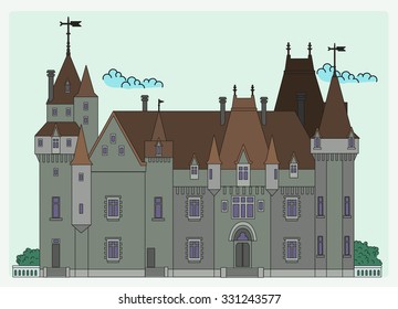 old building castle, history architecture flat illustration 